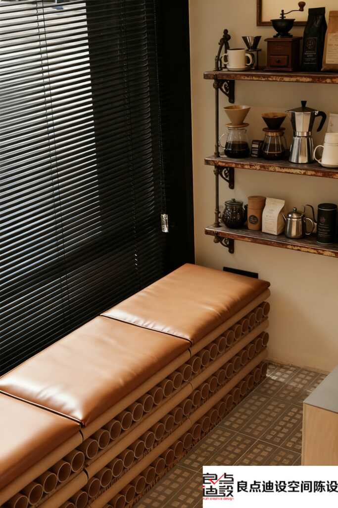 工业风咖啡店软装教科书!纸筒长椅+金属架=复古质感王炸组合!